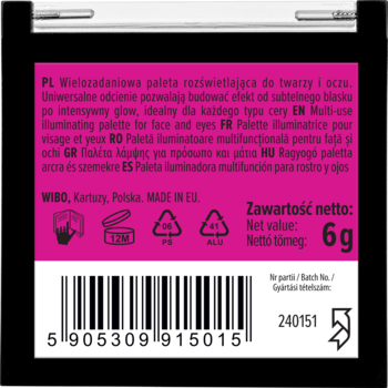 Tył czarnej mini palety Wibo Quattro, rozświetlającej do twarzy, z fuksjową etykietą, tekstem i kodem kreskowym, 6g.