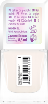 Tył jasnego lakieru do paznokci Wibo Mirror, 8,5 ml, w przezroczystej butelce z etykietą i kodem kreskowym.