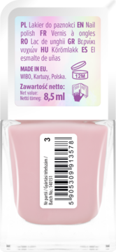Jasnoróżowy lakier Wibo 8,5 ml, widok z tyłu, z białą etykietą zawierającą kod kreskowy i dane produktu.