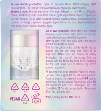 Tył opakowania Wibo Mirror Effect Nail Powder, fioletowo-różowe tło, tekst, biała saszetka proszku, logo Vegan.