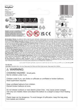 Tył opakowania srebrnego balonu foliowego PartyDeco w kształcie cyfry 5, z ostrzeżeniami i instrukcjami.