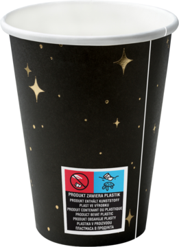 Czarny kubek papierowy ze złotymi gwiazdkami, z białym rantem i etykietą o zawartości plastiku, ujęcie z przodu.