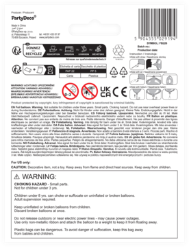 Tył białego opakowania balonu foliowego PartyDeco 'Game Over', z symbolami ostrzegawczymi, recyklingowymi i kodem kreskowym.
