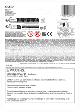 Tył białego opakowania balonu foliowego PartyDeco cyfra 9. Widoczne ostrzeżenia o użytkowaniu i kod kreskowy.