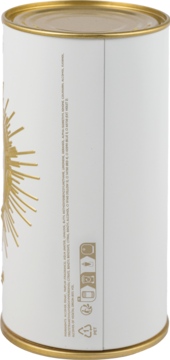 Biała puszka perfum Jean Paul Gaultier Divine Le Parfum, widok z boku, ze złotym słońcem i symbolami recyklingu.