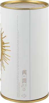 Jean Paul Gaultier Divine Le Parfum. Białe walcowe opakowanie, złote detale i wzór słońca, widok z boku z tekstem.