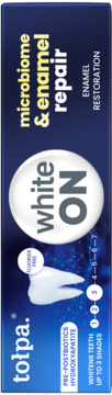 Tołpa White ON Microbiome & Enamel Repair pasta do zębów, ciemnoniebieskie opakowanie, wybiela do 3 odcieni, bez fluoru.