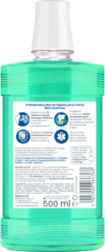 Tył zielonej butelki płynu do ust MAX Freshness 500ml z białą etykietą, ikonami i tekstem po polsku.