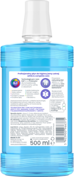 Tył niebieskiej butelki Tołpa White ON płyn do płukania jamy ustnej, widoczna biała etykieta z opisem działania 9w1.