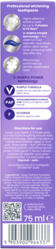 Tył fioletowego opakowania wybielającej pasty do zębów Tołpa White ON Purple Corrector & White, z instrukcjami, kodem QR i 75 ml.
