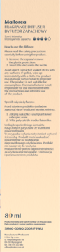 Przednia etykieta dyfuzora zapachowego Mallorca 80ml, beżowa, czarny tekst, ikony intensywności zapachu.
