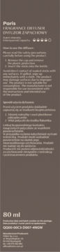 Pionowe opakowanie dyfuzora zapachowego Paris 80 ml, brązowo-szare, z tekstem instrukcji i logo.