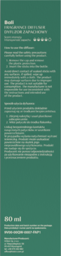 Tył zielonego opakowania dyfuzora zapachowego Hiskin Bali 80ml z białymi napisami i instrukcjami użycia.