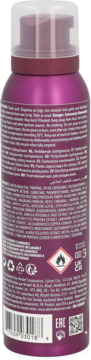 Pianka Alterna Caviar Volumizing Mousse, tył magenta butelki z białymi napisami, kodem i ostrzeżeniem.