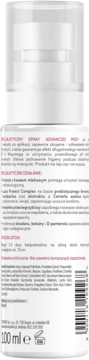 Tył białego sprayu do higieny intymnej AA Intymna Advanced Med.+ 100 ml, z listą składników i opisem.