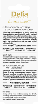 Tył opakowania żelu do brwi Delia Eyebrow Expert z mikrowłóknami, z opisem produktu PL/EN.