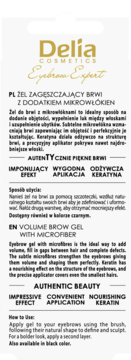 Front opakowania Delia Eyebrow Expert, żel do brwi z mikrowłóknami. Białe tło, złote logo, czarny tekst PL/EN.