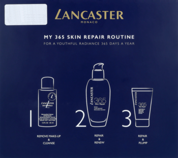 Zestaw Lancaster My 365 Skin Repair Routine: schemat 3-etapowej pielęgnacji na ciemnoniebieskim tle.
