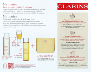 CLARINS ,zestaw kosmetyków do oczyszczania twarzy, mleczko oczyszczające + balsam tonizujący +  peeling + kosmetyczka, skóra normalna i sucha,tył
