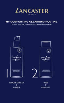 Lancaster My Comforting Cleansing Routine: cleanser and toner for clear, toned skin, dark blue background.