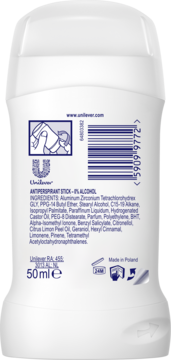 Tył białego antyperspirantu w sztyfcie, Unilever, z listą składników, kodem kreskowym i oznaczeniem 50ml.