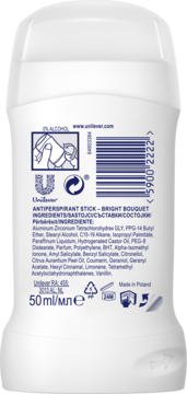 Biały antyperspirant w sztyfcie Unilever Bright Bouquet, tył opakowania z etykietą składników.