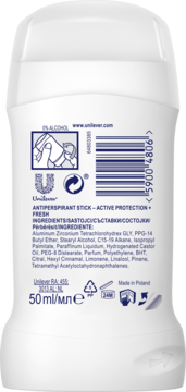 Tył białego antyperspirantu Dove Active Protection w sztyfcie 50ml, widoczny skład i kod kreskowy.