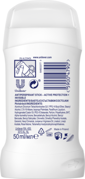 Tył białego antyperspirantu w sztyfcie Unilever. Widoczne składniki, kod kreskowy i informacja 0% ALCOHOL.
