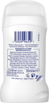 Tył białego dezodorantu Dove roll-on, widoczny kod kreskowy, składniki, info o braku alkoholu i pojemność 50ml.