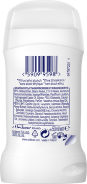 Tył białego antyperspirantu Dove Advanced Care Invisible Dry. Kod kreskowy, lista składników. Bez alkoholu.
