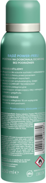 Tył antyperspirantu w sprayu AA Power-Feel, zielona butelka z opisem składników i pojemnością 150ml.