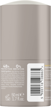Tył beżowego antyperspirantu AA Invisible Anti-Marks. Widoczna etykieta: 48h Protection, 0% Irritation, składniki, kod.