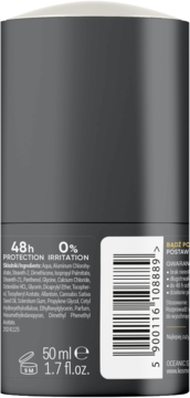Tył szarego antyperspirantu w kulce AA 48h Protection, z białym korkiem, widoczne 50 ml i lista składników.