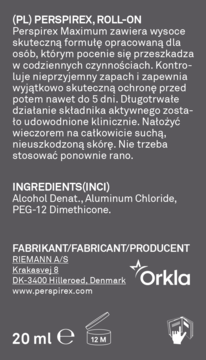 Tył opakowania antyperspirantu Perspirex Maximum w kulce, szara etykieta z białym opisem i składem.