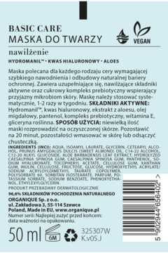 ORGANIQUE Basic Care ,maseczka do twarzy, nawilżająca,tył