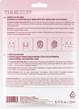 Tył różowej saszetki maski Kimoco Glass Skin z wodą ryżową i ekstraktem z yuzu, instrukcją użycia.