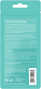 Tył turkusowego opakowania AA LAAB Clear Skin Solution 36 hydrokoloidowych plastrów z instrukcją i kodem kreskowym.