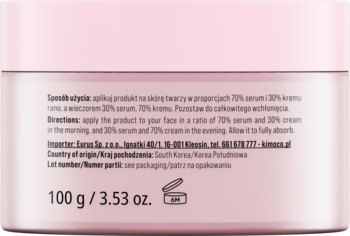 Tył różowego słoika Kimoco Glass Skin Duo Elixir, krem-serum 100g, z białymi napisami i widocznymi instrukcjami.
