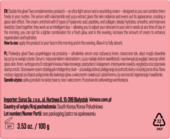Tył różowego opakowania Kimoco Glass Skin Duo Elixir, rozświetlający krem-serum z niacynamidem.