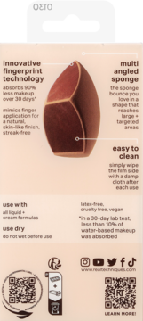 Tył opakowania Real Techniques Makeupsaver Sponge z opisem innowacyjnej technologii i wielokątnej konstrukcji.
