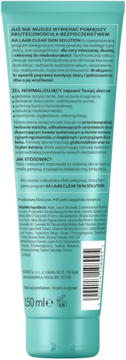 Tył turkusowej tubki normalizującego żelu AA LAAB Clear Skin Solution 150ml z polskim składem i kodem kreskowym.