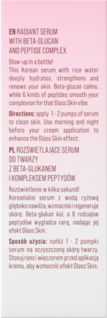 Różowy panel z opisem serum Kimoco Glass Skin z beta-glukanem i peptydami w j. angielskim i polskim.