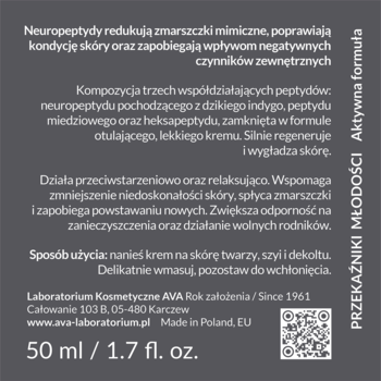 Tył ciemnoszarego opakowania kremu na noc Ava Neuropeptydy Intelligent Aging, biały tekst, 50ml.