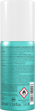 Tył turkusowo-białej butelki mgiełki do twarzy AA Aloes SPF 50. Widoczny opis, kod kreskowy i symbol łatwopalności.