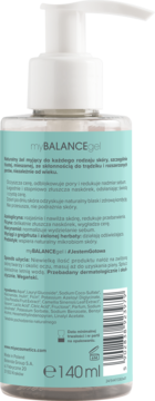 Tył żelu MIYA myBALANCEgel 140ml do mycia twarzy z pompką, widoczne składniki i opis działania.