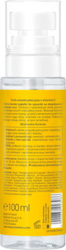 Tył przezroczystej butelki toniku Miya superTONIC z witaminą C, żółta etykieta z polskim opisem i kodem kreskowym.