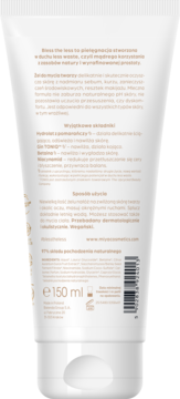 Tył białej tubki żelu Miya Bless The Less do mycia twarzy, z polskim tekstem o składzie, użyciu i 150 ml.