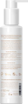 Tył białej butelki Miya Bless The Less 2w1 emulsja 150ml, z pompą, tekst o naturalnym składzie i kod kreskowy.