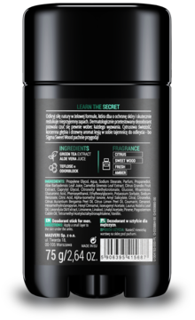 Tył czarnego dezodorantu w sztyfcie Masveri Men Sweet Wood 75g z białą etykietą, widoczne składniki.
