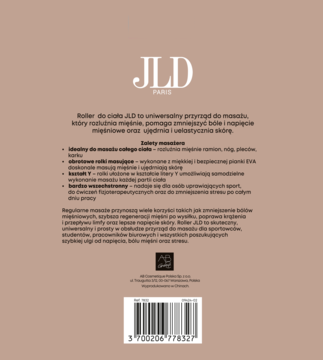 Tył opakowania rollera JLD Paris do masażu, opis zastosowania i barcode na beżowym tle.